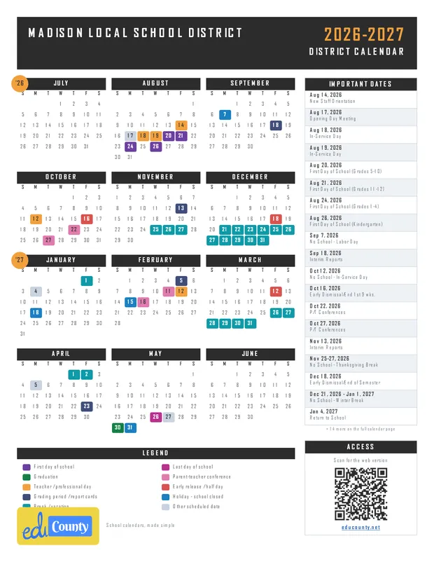 MADISON LOCAL SCHOOL DISTRICT printable 2026-27 calendar
