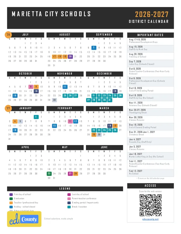 Marietta City Schools printable 2026-27 calendar