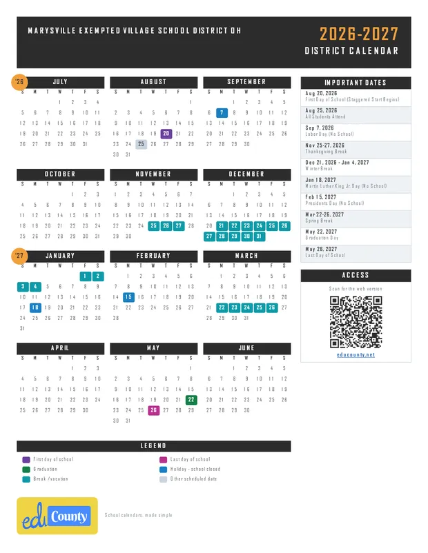 Marysville Exempted Village School District printable 2026-27 calendar
