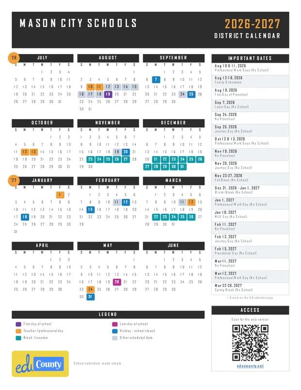 Mason City Schools printable 2026-27 calendar