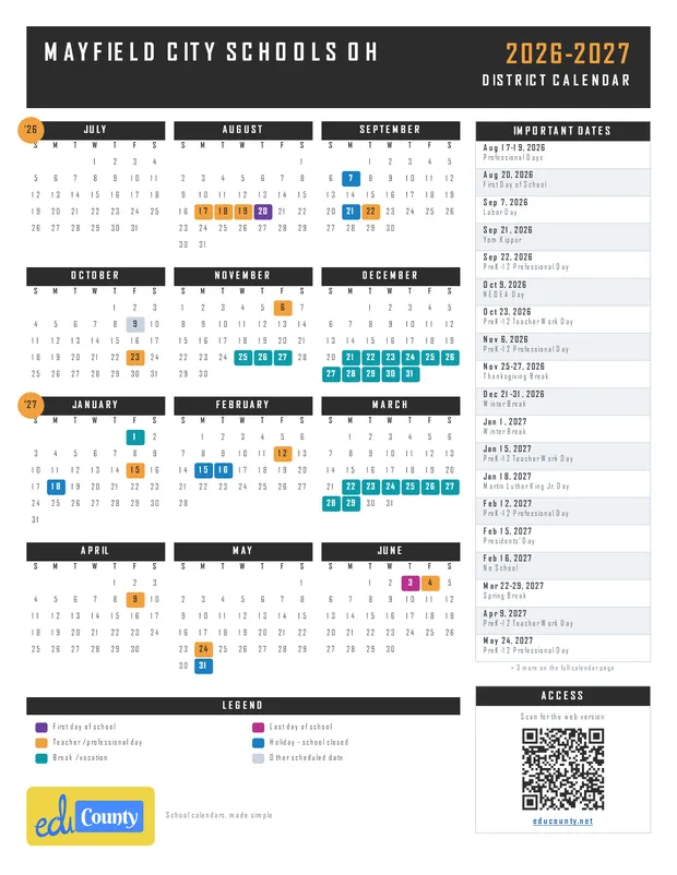 Mayfield City Schools printable 2026-27 calendar