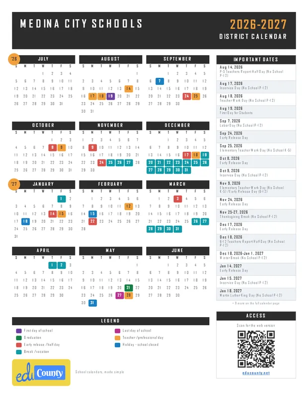 MEDINA CITY SCHOOLS printable 2026-27 calendar
