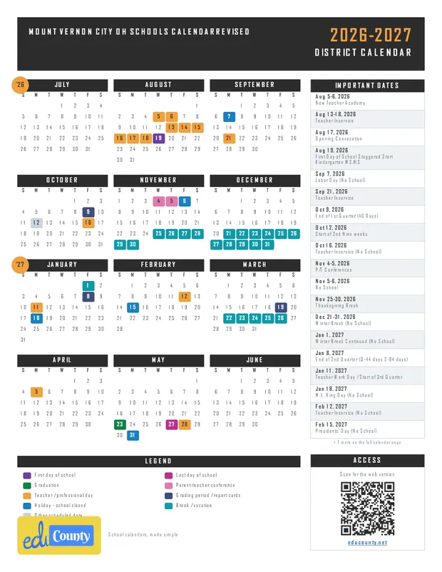 Mount Vernon City OH Schools Calendarrevised printable 2026-27 calendar