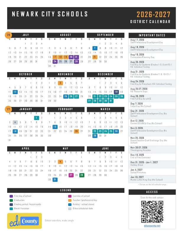 Newark City Schools printable 2026-27 calendar