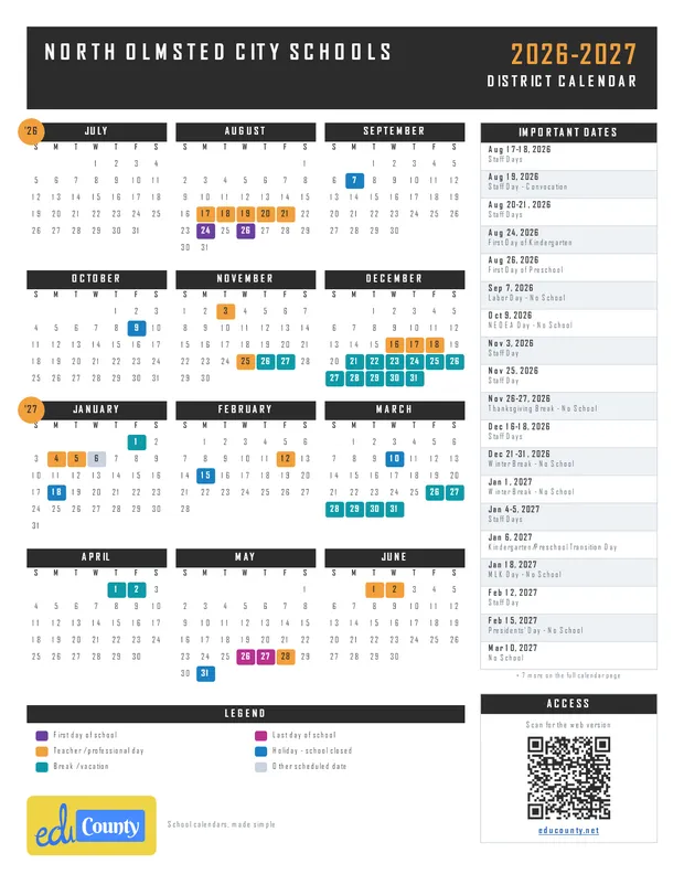 North Olmsted City Schools printable 2026-27 calendar