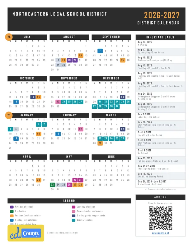 Northeastern Local School District printable 2026-27 calendar