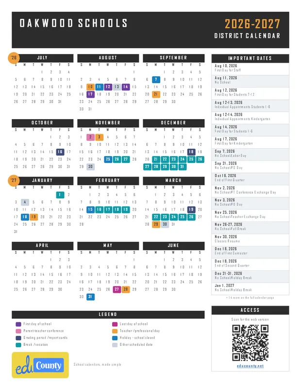 OAKWOOD SCHOOLS printable 2026-27 calendar