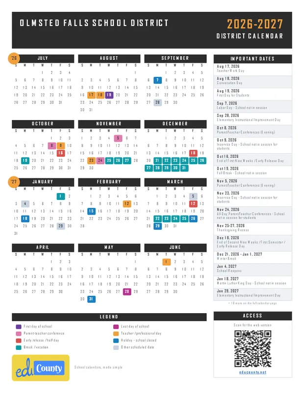 OLMSTED FALLS SCHOOL DISTRICT printable 2026-27 calendar