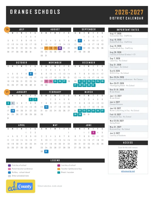 ORANGE SCHOOLS printable 2026-27 calendar