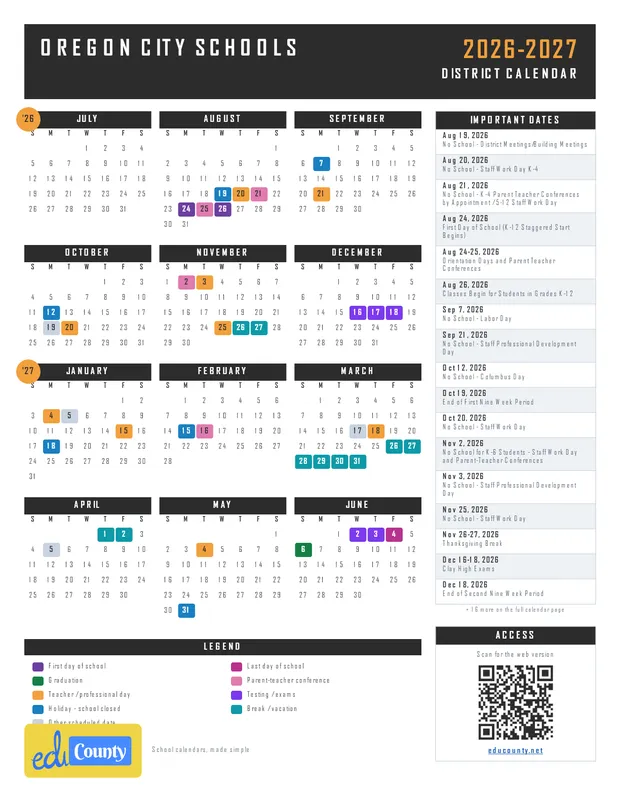 Oregon City Schools printable 2026-27 calendar