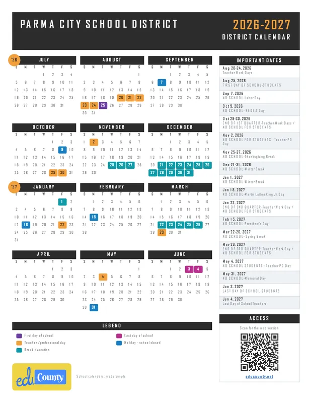 Parma City School District printable 2026-27 calendar