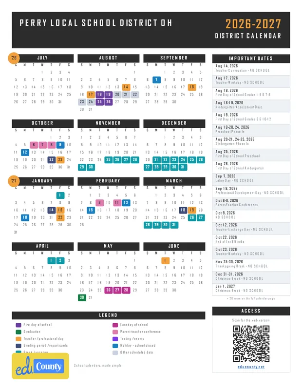 Perry Local School District printable 2026-27 calendar