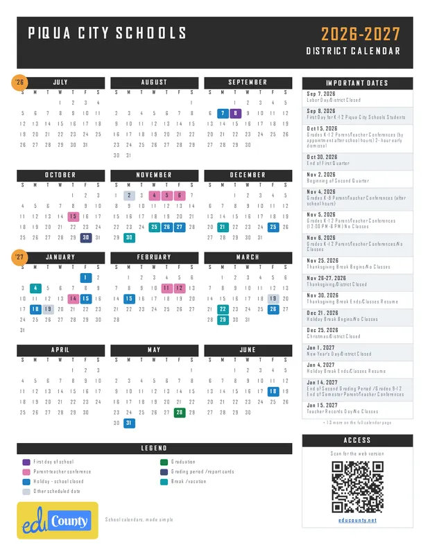 Piqua City Schools printable 2026-27 calendar