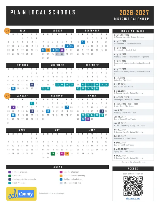 Plain Local Schools printable 2026-27 calendar