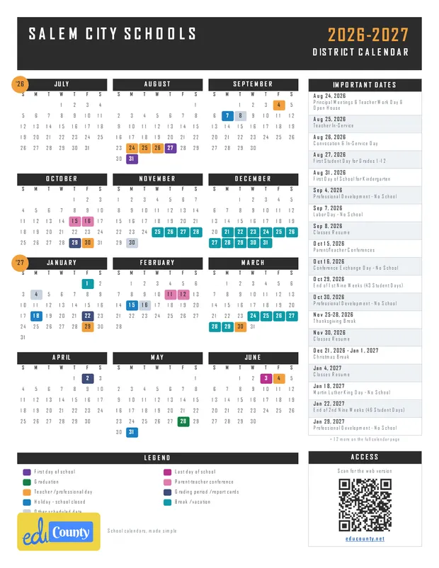 SALEM CITY SCHOOLS printable 2026-27 calendar