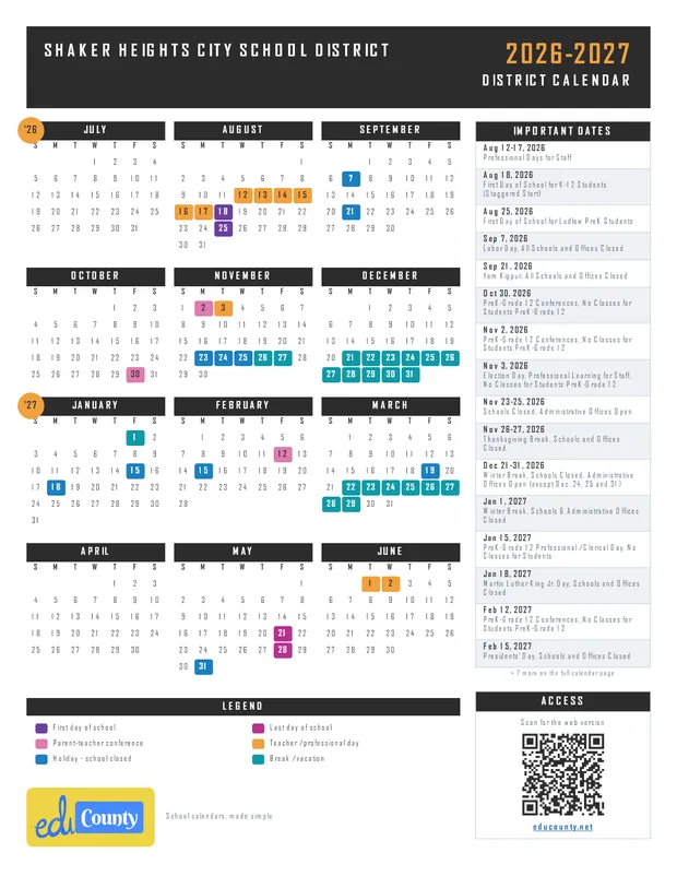Shaker Heights City School District printable 2026-27 calendar