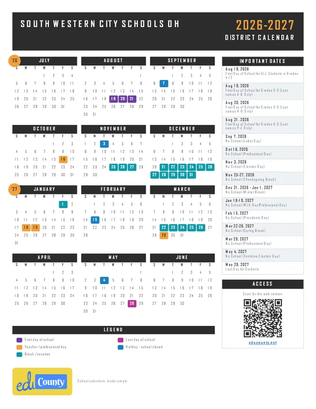 South Western City Schools printable 2026-27 calendar