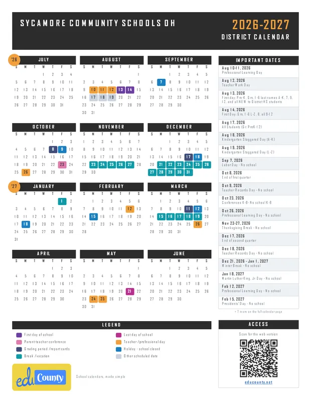 Sycamore Community Schools printable 2026-27 calendar