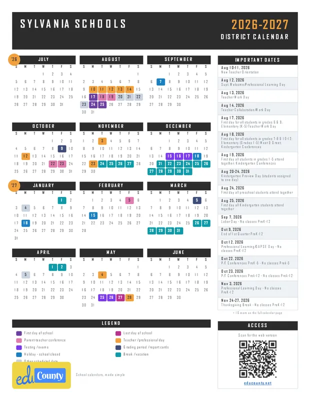Sylvania Schools printable 2026-27 calendar