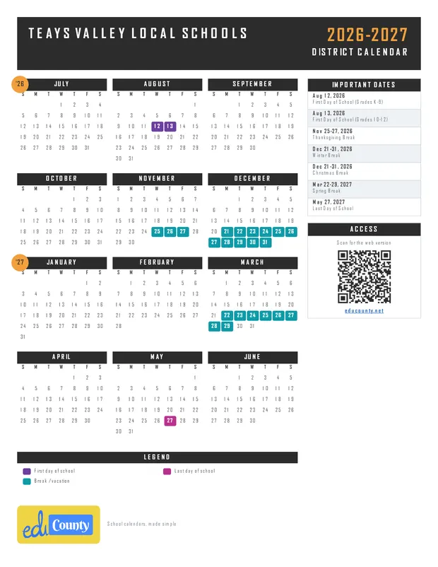 Teays Valley Local Schools printable 2026-27 calendar