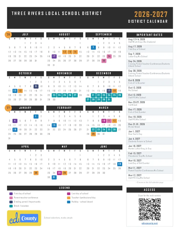 Three Rivers Local School District printable 2026-27 calendar