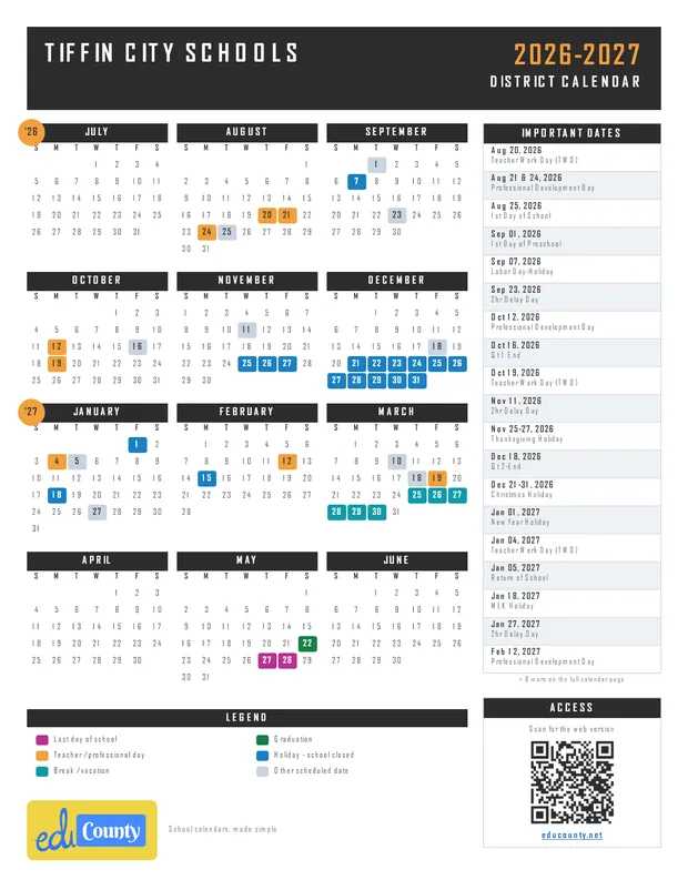 TIFFIN CITY SCHOOLS printable 2026-27 calendar