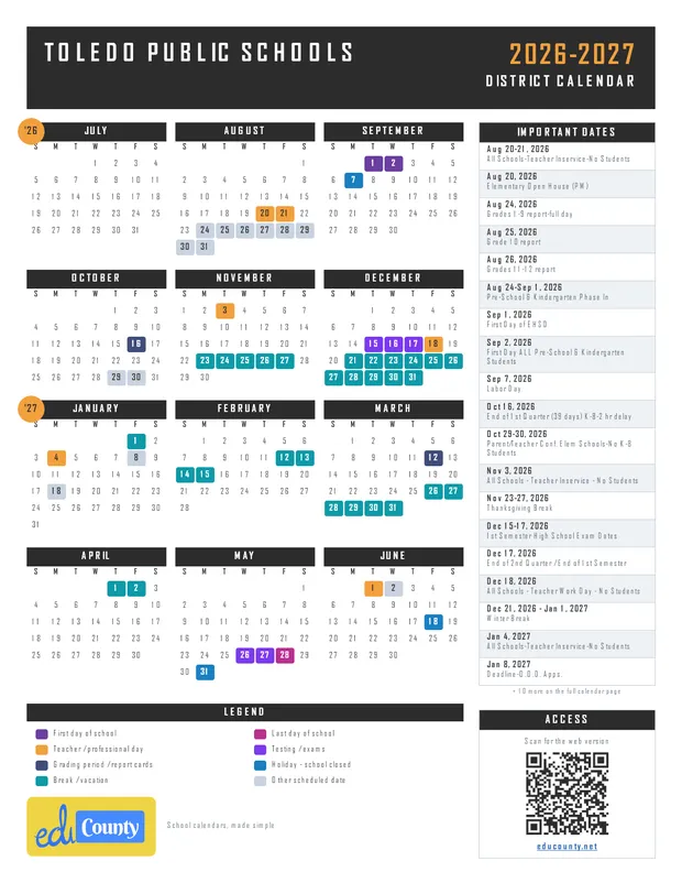 TOLEDO PUBLIC SCHOOLS printable 2026-27 calendar