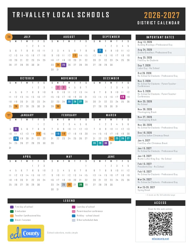 Tri-Valley Local Schools printable 2026-27 calendar