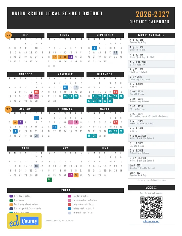 UNION-SCIOTO LOCAL SCHOOL DISTRICT printable 2026-27 calendar