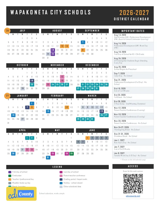 Wapakoneta City Schools printable 2026-27 calendar