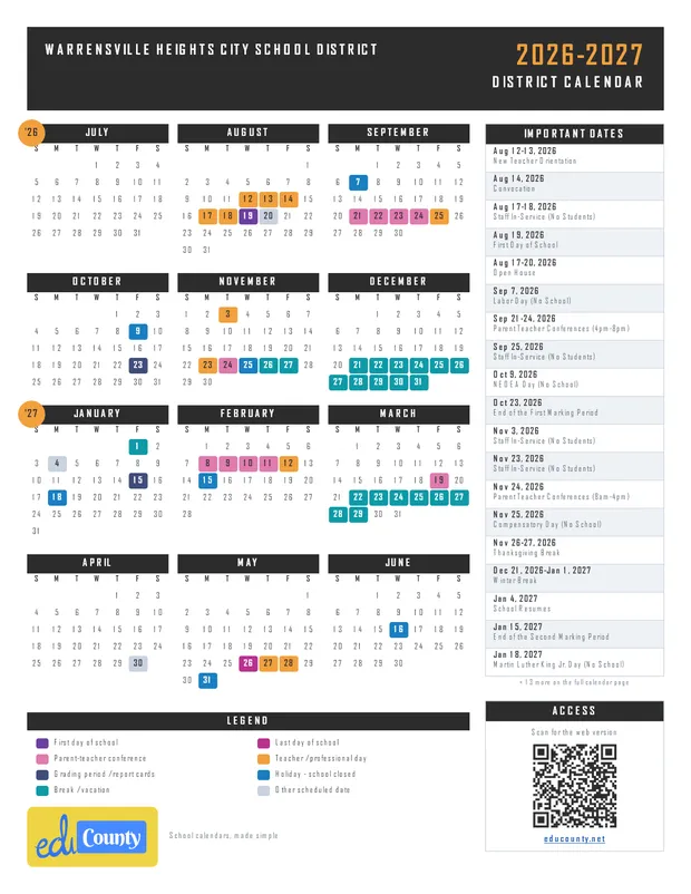 Warrensville Heights City School District printable 2026-27 calendar
