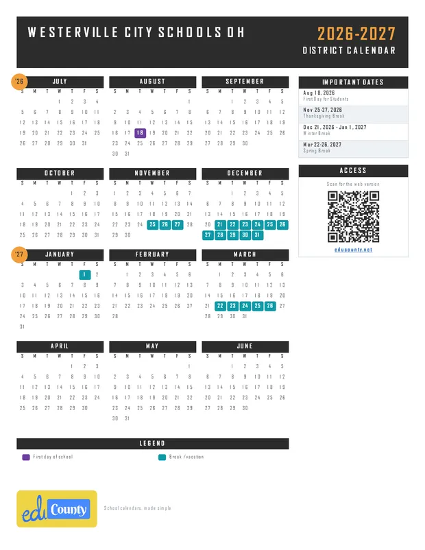 Westerville City Schools printable 2026-27 calendar