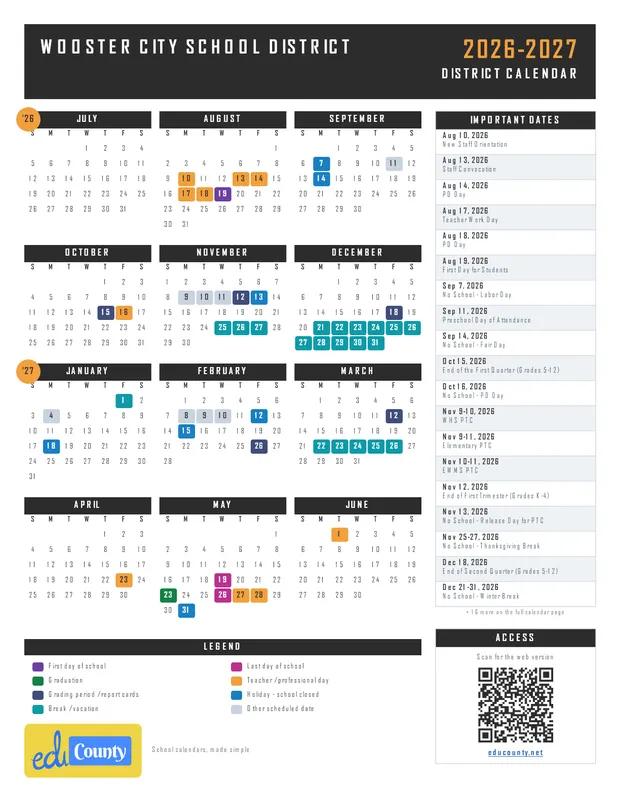 Wooster City School District printable 2026-27 calendar