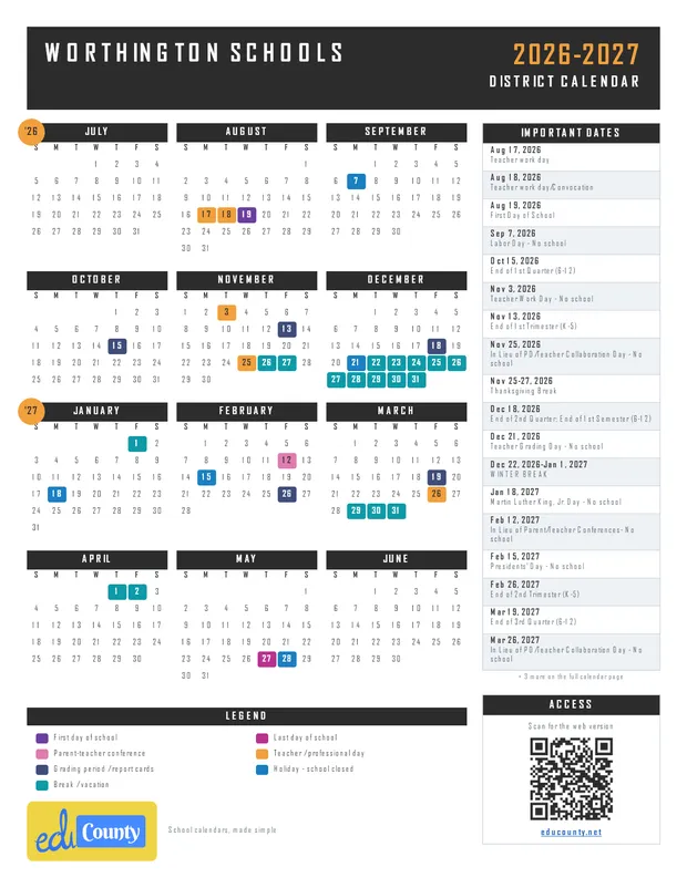 WORTHINGTON SCHOOLS printable 2026-27 calendar