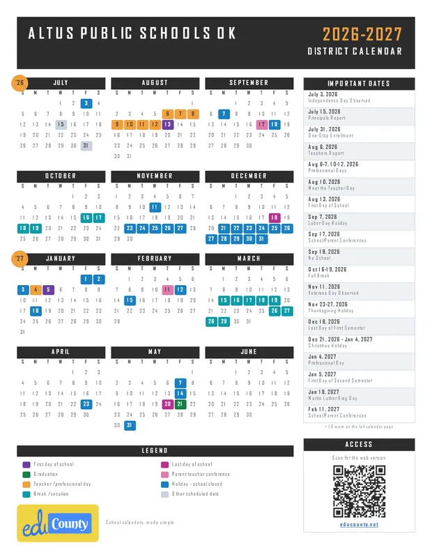 Altus Public Schools printable 2026-27 calendar