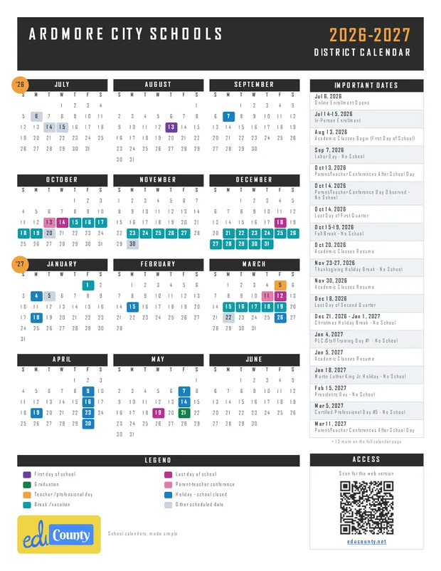 Ardmore City Schools printable 2026-27 calendar