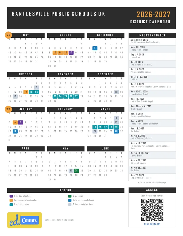Bartlesville Public Schools printable 2026-27 calendar