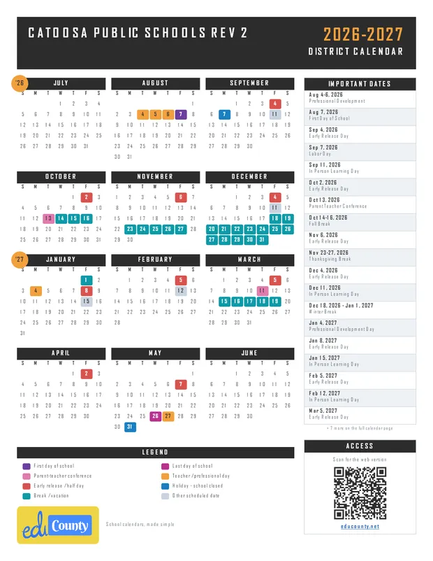 Catoosa Public Schools Rev 2 printable 2026-27 calendar