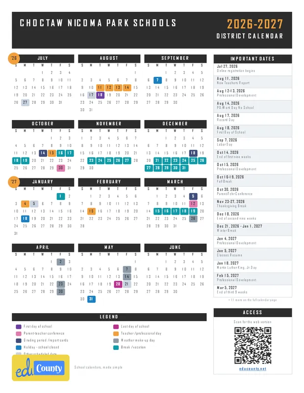 Choctaw Nicoma Park Schools printable 2026-27 calendar