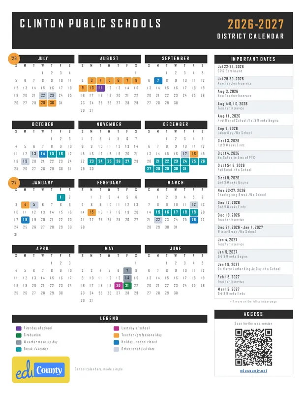 Clinton Public Schools printable 2026-27 calendar