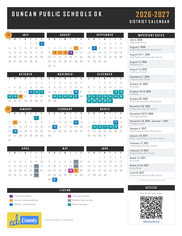 Duncan Public Schools printable 2026-27 calendar