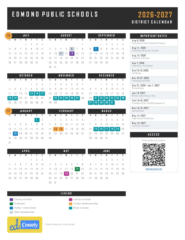 Edmond Public Schools printable 2026-27 calendar