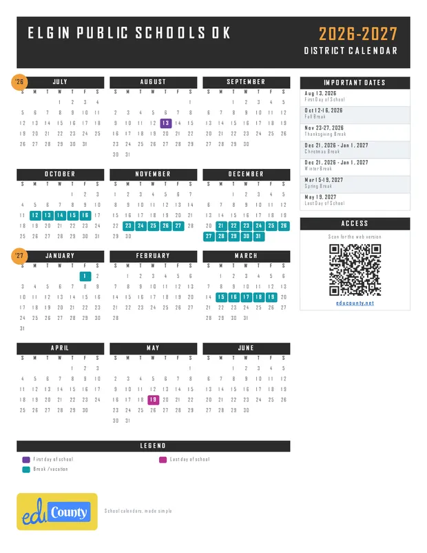 Elgin Public Schools printable 2026-27 calendar