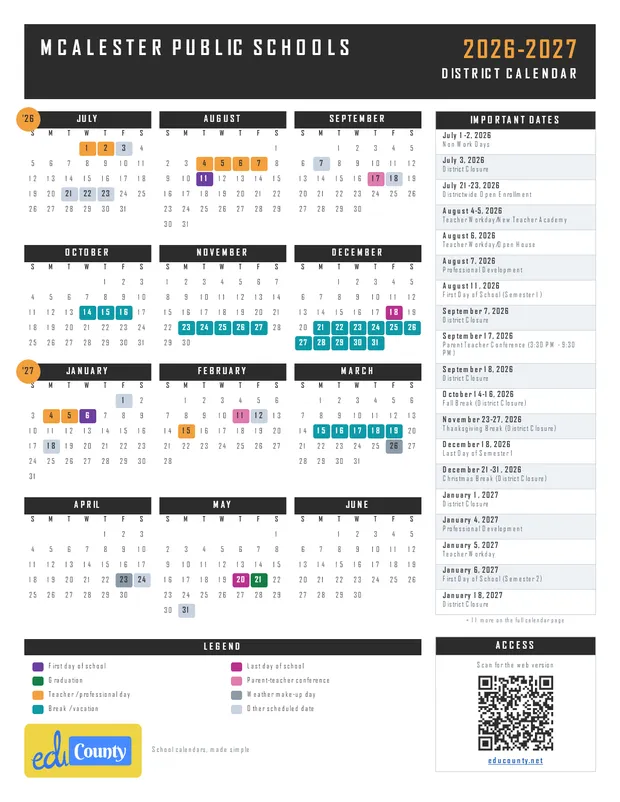 McAlester Public Schools printable 2026-27 calendar
