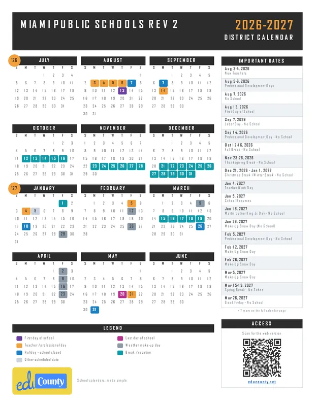 Miami Public Schools Rev 2 printable 2026-27 calendar