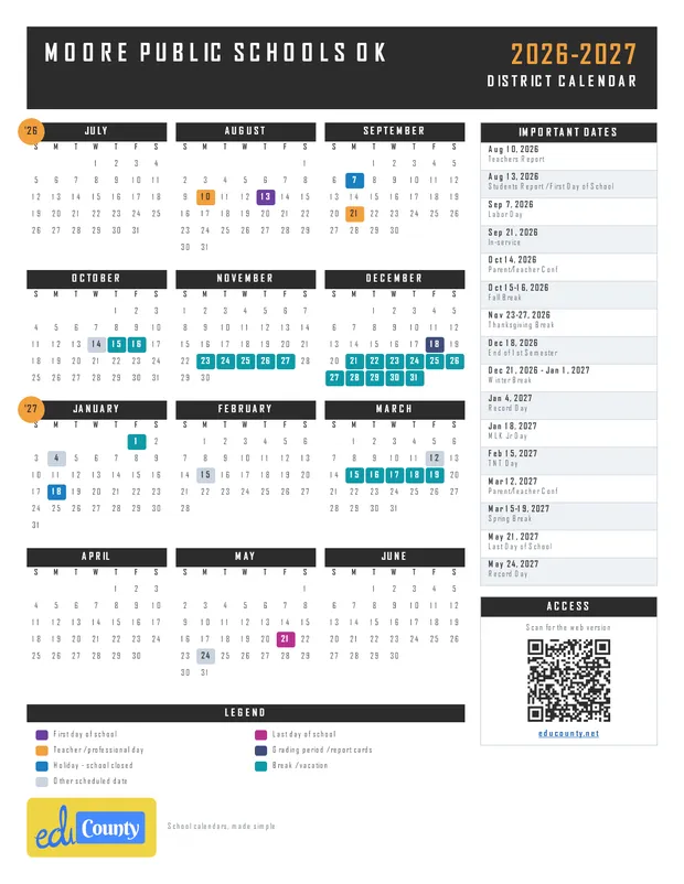 Moore Public Schools printable 2026-27 calendar