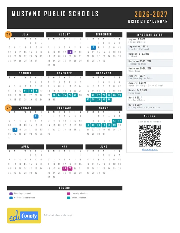 Mustang Public Schools printable 2026-27 calendar
