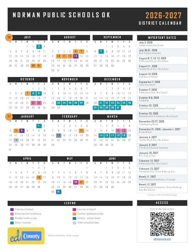 NORMAN PUBLIC SCHOOLS printable 2026-27 calendar
