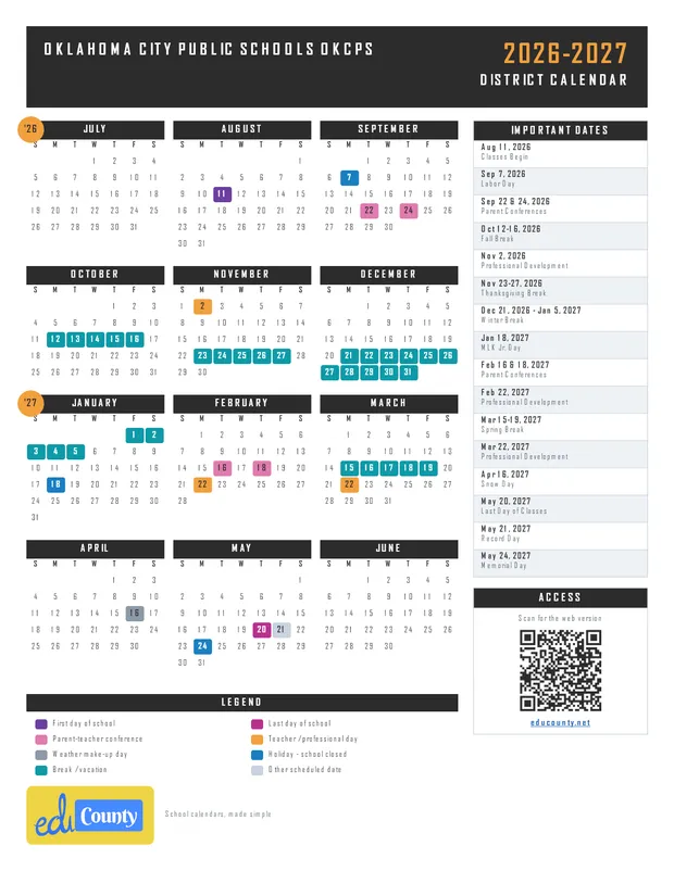 Oklahoma City Public Schools OKCPS printable 2026-27 calendar