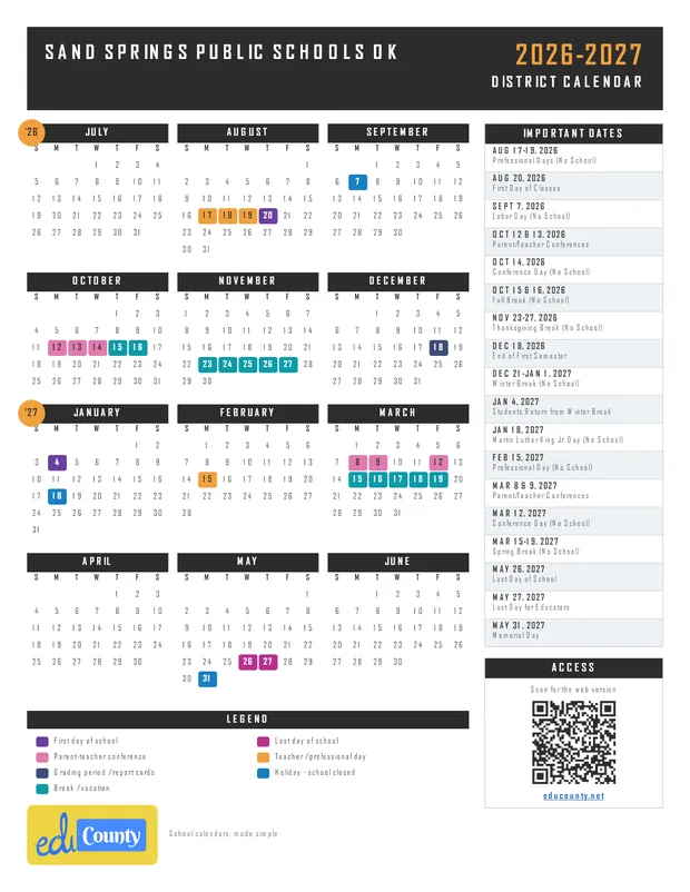 Sand Springs Public Schools printable 2026-27 calendar